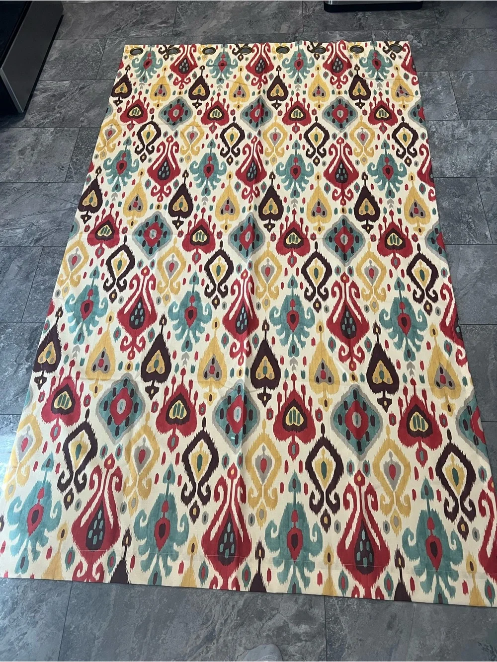 Pier 1 Imports pair of Patterned brass Grommet IKAT Curtain Panels 50” X 84”